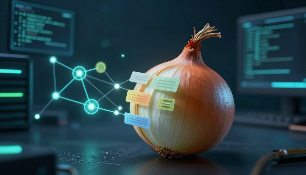 A close-up view of a stylized onion, symbolizing onion routing in darknet technology, set in a dimly lit, high-tech environment. In the foreground, the onion is intricately detailed, with visual representations of data packets streaming in and out, highlighting the layers of encryption. The middle ground features abstract representations of computer networks and nodes connected by glowing lines, conveying the complexity of the darknet. In the background, a shadowy digital landscape with faint outlines of servers and coding elements under a soft blue and green light, creating a mysterious and tech-savvy atmosphere. The angle is slightly tilted, providing depth and intrigue while emphasizing the concept of secure, anonymous communication. Overall, the mood should evoke curiosity and a sense of advanced technology. A close-up view of a stylized onion, symbolizing onion routing in darknet technology, set in a dimly lit, high-tech environment. In the foreground, the onion is intricately detailed, with visual representations of data packets streaming in and out, highlighting the layers of encryption. The middle ground features abstract representations of computer networks and nodes connected by glowing lines, conveying the complexity of the darknet. In the background, a shadowy digital landscape with faint outlines of servers and coding elements under a soft blue and green light, creating a mysterious and tech-savvy atmosphere. The angle is slightly tilted, providing depth and intrigue while emphasizing the concept of secure, anonymous communication. Overall, the mood should evoke curiosity and a sense of advanced technology.