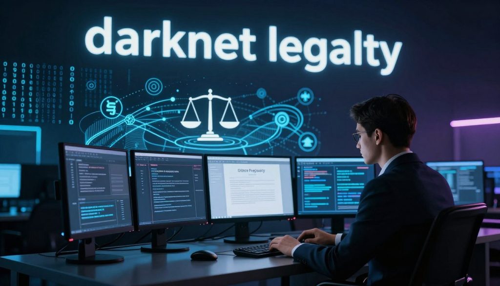 A conceptual representation of "darknet legality", featuring a dimly lit, high-tech digital environment. In the foreground, a professional-looking figure in business attire sits at a sleek desk, focused on multiple screens displaying data and legal documents related to online privacy and illicit activities. The middle layer showcases an intricate mesh of binary code and digital symbols, intertwining with scales of justice, symbolizing the legal complexities of the darknet. In the background, a gradient of dark blues and blacks enhances the mood, contrasting with a subtle glow emanating from the screens, representing the duality of the darknet's potential for both legal and illegal use. The overall atmosphere is serious and thought-provoking, inviting contemplation on a nuanced topic. A conceptual representation of "darknet legality", featuring a dimly lit, high-tech digital environment. In the foreground, a professional-looking figure in business attire sits at a sleek desk, focused on multiple screens displaying data and legal documents related to online privacy and illicit activities. The middle layer showcases an intricate mesh of binary code and digital symbols, intertwining with scales of justice, symbolizing the legal complexities of the darknet. In the background, a gradient of dark blues and blacks enhances the mood, contrasting with a subtle glow emanating from the screens, representing the duality of the darknet's potential for both legal and illegal use. The overall atmosphere is serious and thought-provoking, inviting contemplation on a nuanced topic.