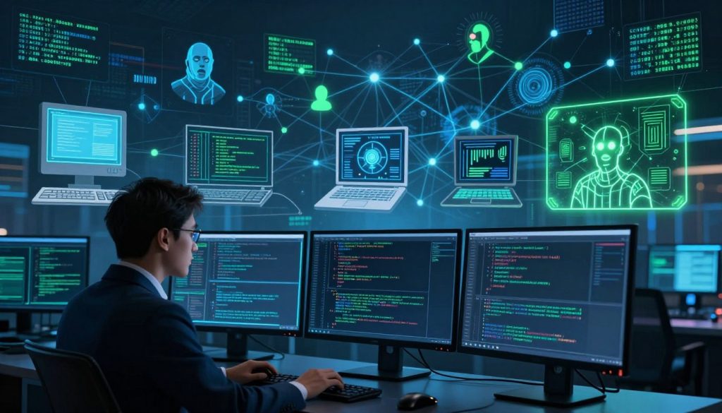 A conceptual representation of the evolution of cybercrime, featuring a split composition. In the foreground, a professional in business attire examines complex digital codes on multiple screens, showcasing a blend of traditional and modern hacking tools. The middle ground presents an array of diverse cybercriminal activities, illustrated through evolving technology—from early personal computers to advanced artificial intelligence systems. The background is a network of glowing connections, symbolizing the vastness of the internet, filled with abstract forms representing data breaches and cyber attacks. The atmosphere is dark with electric blue and green hues, creating a sense of danger and urgency, highlighted by dynamic lighting that emphasizes the contrast between shadows and illuminated screens, captured from a slight upward angle to enhance the feeling of depth and complexity.