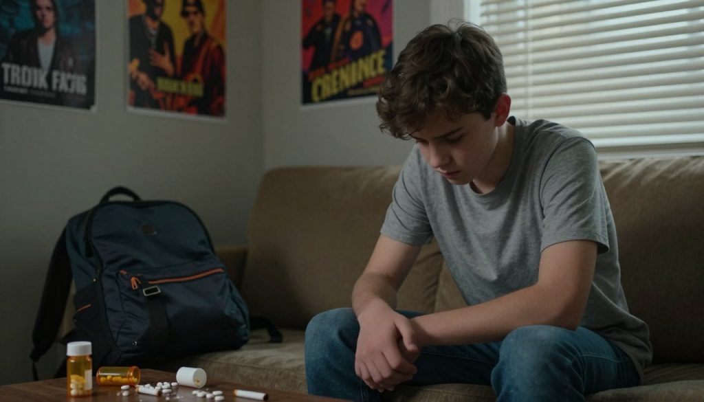 A concerned teenager, wearing casual but modest clothing, is seated on a couch in a dimly lit room, looking down with a troubled expression, hands clasped tightly. In the foreground, a disheveled backpack lies open, revealing empty pill bottles and a half-rolled cigarette, symbolizing substance abuse. In the middle ground, posters of bands and vibrant artwork adorn the walls, contrasting with the teen's somber mood. The background features a window with closed blinds, casting soft, muted light that enhances the room's heavy atmosphere. The overall mood is tense and reflective, capturing the emotional turmoil and physical signs of adolescent substance abuse. The image is shot from a slightly elevated angle to convey a sense of introspection and vulnerability. A concerned teenager, wearing casual but modest clothing, is seated on a couch in a dimly lit room, looking down with a troubled expression, hands clasped tightly. In the foreground, a disheveled backpack lies open, revealing empty pill bottles and a half-rolled cigarette, symbolizing substance abuse. In the middle ground, posters of bands and vibrant artwork adorn the walls, contrasting with the teen's somber mood. The background features a window with closed blinds, casting soft, muted light that enhances the room's heavy atmosphere. The overall mood is tense and reflective, capturing the emotional turmoil and physical signs of adolescent substance abuse. The image is shot from a slightly elevated angle to convey a sense of introspection and vulnerability.