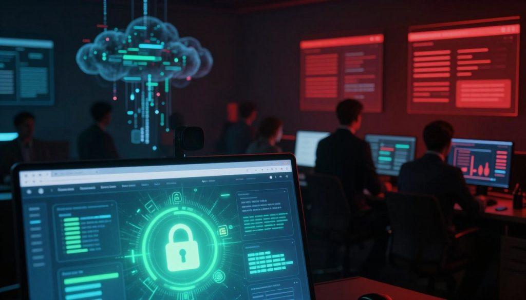 A detailed and visually engaging split scene illustrating the differences between the Dark Web and Deep Web. In the foreground, showcase a bright digital interface representing the Deep Web, with elements like databases, online libraries, and secure websites featuring locked icons, glowing softly in shades of blue and green. The middle section transitions to a contrasting darker atmosphere depicting the Dark Web, characterized by shadowy figures in professional attire accessing anonymous marketplaces and forums, lit by flickering, dim lights in deep red and black hues. In the background, a cloud of digital data streams connects both worlds, symbolizing their relationship. Use a cinematic angle to capture depth, with sharp focus on the foreground contrasting with softer blurring towards the background. Aim for a mysterious yet informative mood, highlighting the stark contrast between the two realms without any text or overlay. A detailed and visually engaging split scene illustrating the differences between the Dark Web and Deep Web. In the foreground, showcase a bright digital interface representing the Deep Web, with elements like databases, online libraries, and secure websites featuring locked icons, glowing softly in shades of blue and green. The middle section transitions to a contrasting darker atmosphere depicting the Dark Web, characterized by shadowy figures in professional attire accessing anonymous marketplaces and forums, lit by flickering, dim lights in deep red and black hues. In the background, a cloud of digital data streams connects both worlds, symbolizing their relationship. Use a cinematic angle to capture depth, with sharp focus on the foreground contrasting with softer blurring towards the background. Aim for a mysterious yet informative mood, highlighting the stark contrast between the two realms without any text or overlay.