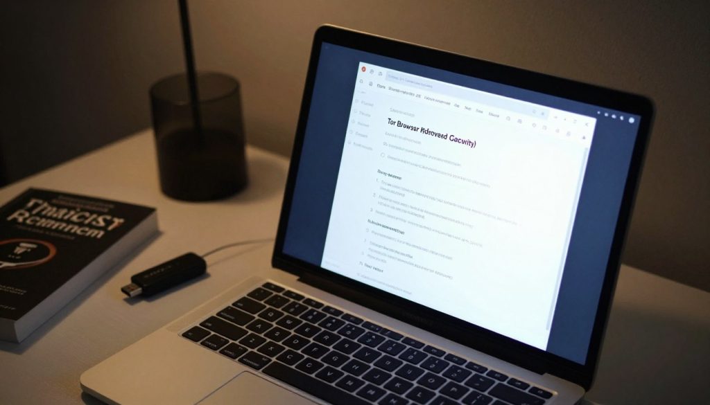 A detailed representation of a computer screen displaying the Tor Browser configuration page. In the foreground, prominently feature a sleek laptop with a glowing screen that shows the Tor Browser settings, including advanced options for security. In the middle ground, a tidy desk cluttered with tech paraphernalia like a USB drive and a privacy-focused book. The background displays a dimly lit room, with soft ambient lighting creating a focused atmosphere, casting light on the laptop. The angle is slightly top-down, capturing both the screen and the desk. The overall mood is mysterious yet informative, emphasizing the importance of privacy and anonymity in digital environments. A detailed representation of a computer screen displaying the Tor Browser configuration page. In the foreground, prominently feature a sleek laptop with a glowing screen that shows the Tor Browser settings, including advanced options for security. In the middle ground, a tidy desk cluttered with tech paraphernalia like a USB drive and a privacy-focused book. The background displays a dimly lit room, with soft ambient lighting creating a focused atmosphere, casting light on the laptop. The angle is slightly top-down, capturing both the screen and the desk. The overall mood is mysterious yet informative, emphasizing the importance of privacy and anonymity in digital environments.