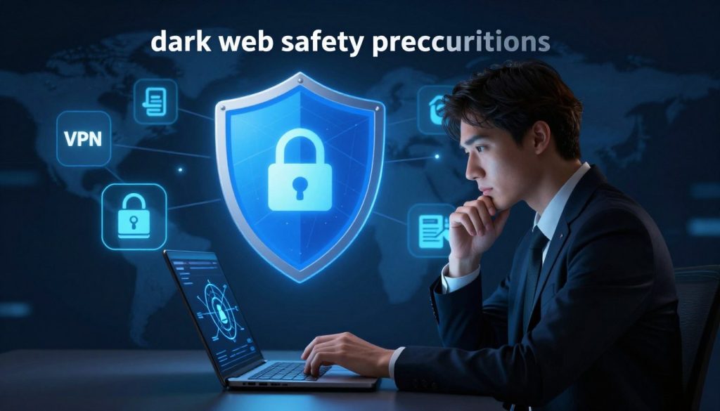 A digital illustration depicting the concept of "dark web safety precautions." In the foreground, a person in professional business attire sits in front of a laptop with a dark interface, showcasing encrypted connections and security protocols. The middle ground includes a large, vivid shield symbolizing protection against cyber threats, surrounded by glowing icons representing VPNs, firewalls, and anti-virus software. The background is a dark, abstract representation of the internet with deep blues and blacks, evoking a sense of mystery. Soft, ambient lighting highlights the person's thoughtful expression, while subtle lens effects suggest a focus on their diligent efforts to navigate safely. The overall mood is serious yet empowering, emphasizing the importance of being cautious in a digital landscape. A digital illustration depicting the concept of "dark web safety precautions." In the foreground, a person in professional business attire sits in front of a laptop with a dark interface, showcasing encrypted connections and security protocols. The middle ground includes a large, vivid shield symbolizing protection against cyber threats, surrounded by glowing icons representing VPNs, firewalls, and anti-virus software. The background is a dark, abstract representation of the internet with deep blues and blacks, evoking a sense of mystery. Soft, ambient lighting highlights the person's thoughtful expression, while subtle lens effects suggest a focus on their diligent efforts to navigate safely. The overall mood is serious yet empowering, emphasizing the importance of being cautious in a digital landscape.
