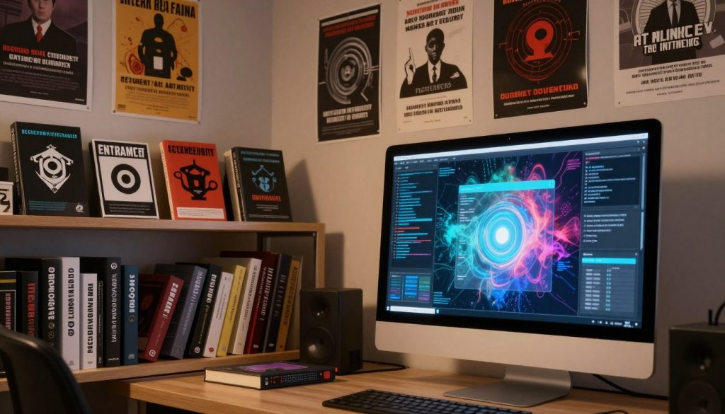 A digitally rendered scene depicting a diverse collection of objects representing various types of darknet content. In the foreground, show a sleek computer monitor displaying non-threatening, abstract visuals of encrypted files and digital art. In the middle ground, include a series of shelves filled with books and multimedia items related to cybersecurity, privacy, and digital freedom, reflecting knowledge rather than danger. The background features a softly lit room with walls covered in posters of historical internet movements and encryption technologies, creating an educational atmosphere. Use warm, inviting lighting to evoke curiosity and intrigue, while maintaining a balanced composition at a slight angle to add depth. Highlight the idea of a safe space for information exploration rather than a hub of danger, fostering an atmosphere of awareness and understanding. A digitally rendered scene depicting a diverse collection of objects representing various types of darknet content. In the foreground, show a sleek computer monitor displaying non-threatening, abstract visuals of encrypted files and digital art. In the middle ground, include a series of shelves filled with books and multimedia items related to cybersecurity, privacy, and digital freedom, reflecting knowledge rather than danger. The background features a softly lit room with walls covered in posters of historical internet movements and encryption technologies, creating an educational atmosphere. Use warm, inviting lighting to evoke curiosity and intrigue, while maintaining a balanced composition at a slight angle to add depth. Highlight the idea of a safe space for information exploration rather than a hub of danger, fostering an atmosphere of awareness and understanding.
