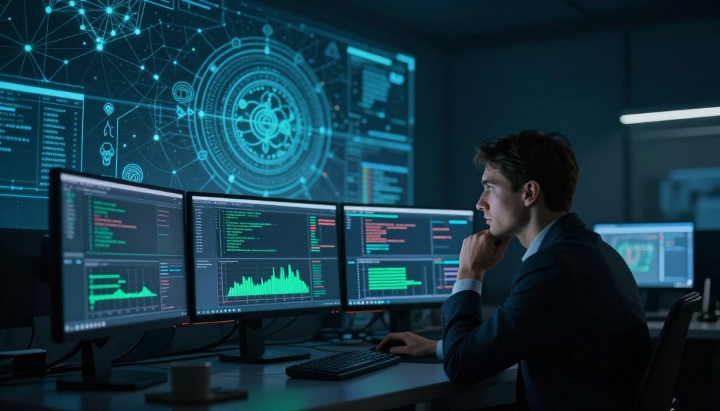 A dimly lit, atmospheric scene depicting a cybersecurity analyst at a computer workstation, surrounded by monitors displaying abstract data charts and lines of code related to the darknet. In the foreground, the analyst, dressed in professional attire, gazes thoughtfully at the screens. The middle layer features a large, translucent overlay of mythological symbols and popular misconceptions about the darknet, subtly integrated into the background to evoke intrigue. The background shows a virtual representation of a digital network filled with clusters of nodes, evoking a sense of complexity and mystery. The lighting is moody with cool blue and green tones, casting shadows that suggest depth and secrecy, creating an overall mood of exploration and revelation. A dimly lit, atmospheric scene depicting a cybersecurity analyst at a computer workstation, surrounded by monitors displaying abstract data charts and lines of code related to the darknet. In the foreground, the analyst, dressed in professional attire, gazes thoughtfully at the screens. The middle layer features a large, translucent overlay of mythological symbols and popular misconceptions about the darknet, subtly integrated into the background to evoke intrigue. The background shows a virtual representation of a digital network filled with clusters of nodes, evoking a sense of complexity and mystery. The lighting is moody with cool blue and green tones, casting shadows that suggest depth and secrecy, creating an overall mood of exploration and revelation.