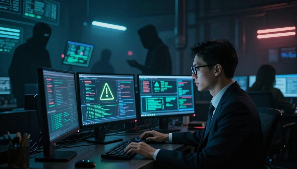 A dimly lit cyberpunk environment conveys the essence of darknet security risks. In the foreground, a professional individual in business attire, wearing glasses, sits at a computer, illuminated by the eerie glow of multiple screens displaying cryptic data and warning symbols. The middle layer features a chaotic digital landscape filled with shadowy figures exchanging data, representing anonymity and illicit transactions. In the background, dark alleyways and flickering neon signs hint at a hidden world of danger. The atmosphere is tense and foreboding, with cool blue and green hues dominating the color palette. Use a shallow depth of field to focus on the individual while softly blurring the chaotic elements, creating a sense of isolation in this digital underworld. A dimly lit cyberpunk environment conveys the essence of darknet security risks. In the foreground, a professional individual in business attire, wearing glasses, sits at a computer, illuminated by the eerie glow of multiple screens displaying cryptic data and warning symbols. The middle layer features a chaotic digital landscape filled with shadowy figures exchanging data, representing anonymity and illicit transactions. In the background, dark alleyways and flickering neon signs hint at a hidden world of danger. The atmosphere is tense and foreboding, with cool blue and green hues dominating the color palette. Use a shallow depth of field to focus on the individual while softly blurring the chaotic elements, creating a sense of isolation in this digital underworld.