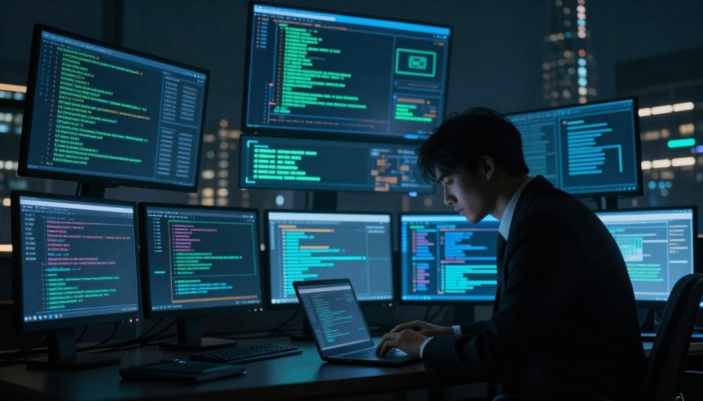 A dimly lit cyberpunk-style room filled with multiple glowing computer screens displaying abstract, cryptic codes and dark web service icons. In the foreground, a silhouette of a person in professional business attire, hunched over a laptop, with their face obscured by shadows, highlighting the secrecy of the dark web. The middle layer features an array of digital interfaces, showcasing various sections often found on the dark web, such as forums and marketplaces, all in deceptive blues and greens. The background is a blurred abstract city skyline, hinting at urban isolation and technological intrigue. The atmosphere is mysterious and clandestine, with moody lighting that casts dramatic shadows. A dimly lit cyberpunk-style room filled with multiple glowing computer screens displaying abstract, cryptic codes and dark web service icons. In the foreground, a silhouette of a person in professional business attire, hunched over a laptop, with their face obscured by shadows, highlighting the secrecy of the dark web. The middle layer features an array of digital interfaces, showcasing various sections often found on the dark web, such as forums and marketplaces, all in deceptive blues and greens. The background is a blurred abstract city skyline, hinting at urban isolation and technological intrigue. The atmosphere is mysterious and clandestine, with moody lighting that casts dramatic shadows.