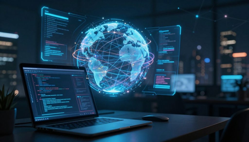 A dimly lit, digital workspace filled with intricate, glowing graphical user interface elements representing the deep web. In the foreground, a laptop displays abstract codes and hidden online paths, with a faint blue light illuminating the keyboard. In the middle ground, a large, holographic globe showcases data networks with vibrant, swirling lines connecting various points, symbolizing hidden information. The background features a shadowy, atmospheric depiction of a futuristic cityscape, with dimly glowing buildings and a network of digital connections in the sky. The overall mood is mysterious and intriguing, with an emphasis on the complexity and vastness of the deep web. Soft ambient lighting enhances the digital theme, creating an enigmatic yet professional atmosphere. A dimly lit, digital workspace filled with intricate, glowing graphical user interface elements representing the deep web. In the foreground, a laptop displays abstract codes and hidden online paths, with a faint blue light illuminating the keyboard. In the middle ground, a large, holographic globe showcases data networks with vibrant, swirling lines connecting various points, symbolizing hidden information. The background features a shadowy, atmospheric depiction of a futuristic cityscape, with dimly glowing buildings and a network of digital connections in the sky. The overall mood is mysterious and intriguing, with an emphasis on the complexity and vastness of the deep web. Soft ambient lighting enhances the digital theme, creating an enigmatic yet professional atmosphere.