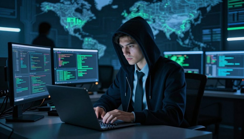 A dimly lit, high-tech workspace with multiple computer screens displaying code and cybersecurity graphs in the foreground. In the middle, a figure clad in a professional dark hoodie and business casual attire, focused intently on a laptop, embodies the persona of a cybercriminal. Their face is partially illuminated by the glow of the screens, creating a tense atmosphere. In the background, shadowy silhouettes of digital maps and circuit patterns suggest the global reach of cybercrime. Soft blue and green lighting adds a futuristic feel, while the overall composition conveys a sense of urgency and intrigue, reflecting the tactics employed by cybercriminals to target their victims. The image is framed from a slightly angled perspective, enhancing the sense of depth and focus on the central figure.