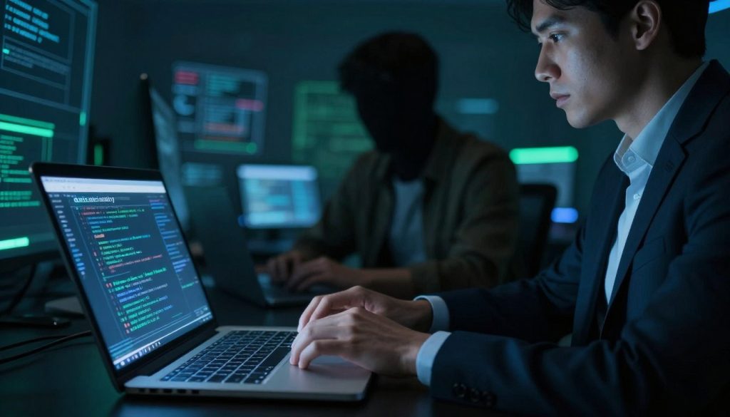 A dimly lit underground network hub representing the concept of "darknet legality." In the foreground, a laptop with bright screen illumination displays cryptic codes, while a pair of professional hands in business attire hovers over the keyboard, symbolizing navigation and exploration. In the middle, a shadowy figure, dressed in modest casual clothing, observes the screen, suggesting an air of intrigue and caution. The background is filled with abstract shapes and subtle computer graphics, creating a digital atmosphere, while soft blue and green lighting adds a mysterious yet inviting aura. The overall mood is contemplative and thought-provoking, encouraging viewers to consider the complexities of accessing the darknet legally. A dimly lit underground network hub representing the concept of "darknet legality." In the foreground, a laptop with bright screen illumination displays cryptic codes, while a pair of professional hands in business attire hovers over the keyboard, symbolizing navigation and exploration. In the middle, a shadowy figure, dressed in modest casual clothing, observes the screen, suggesting an air of intrigue and caution. The background is filled with abstract shapes and subtle computer graphics, creating a digital atmosphere, while soft blue and green lighting adds a mysterious yet inviting aura. The overall mood is contemplative and thought-provoking, encouraging viewers to consider the complexities of accessing the darknet legally.