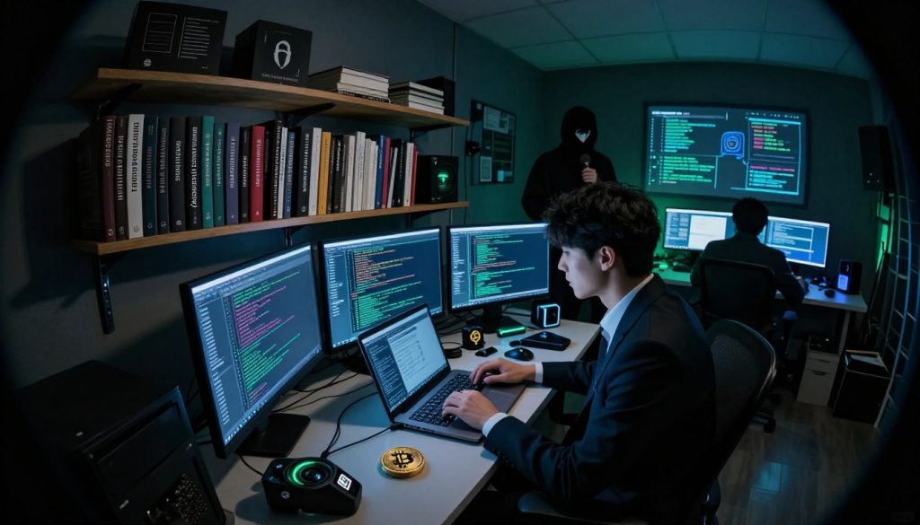 A dimly lit underground room filled with computer screens displaying code and digital marketplaces. In the foreground, a person in professional business attire is seated at a cluttered desk, focused on their laptop, surrounded by tech gadgets and cryptocurrency symbols. The middle layer features shelves lined with books about internet security, privacy tools, and the dark web. In the background, a shadowy figure can be seen speaking into a microphone, representing anonymity and communication on the darknet. The atmosphere is tense and mysterious, with blue and green lighting casting an eerie glow. A fisheye lens effect emphasizes the close quarters and creates a sense of intrigue. A dimly lit underground room filled with computer screens displaying code and digital marketplaces. In the foreground, a person in professional business attire is seated at a cluttered desk, focused on their laptop, surrounded by tech gadgets and cryptocurrency symbols. The middle layer features shelves lined with books about internet security, privacy tools, and the dark web. In the background, a shadowy figure can be seen speaking into a microphone, representing anonymity and communication on the darknet. The atmosphere is tense and mysterious, with blue and green lighting casting an eerie glow. A fisheye lens effect emphasizes the close quarters and creates a sense of intrigue.