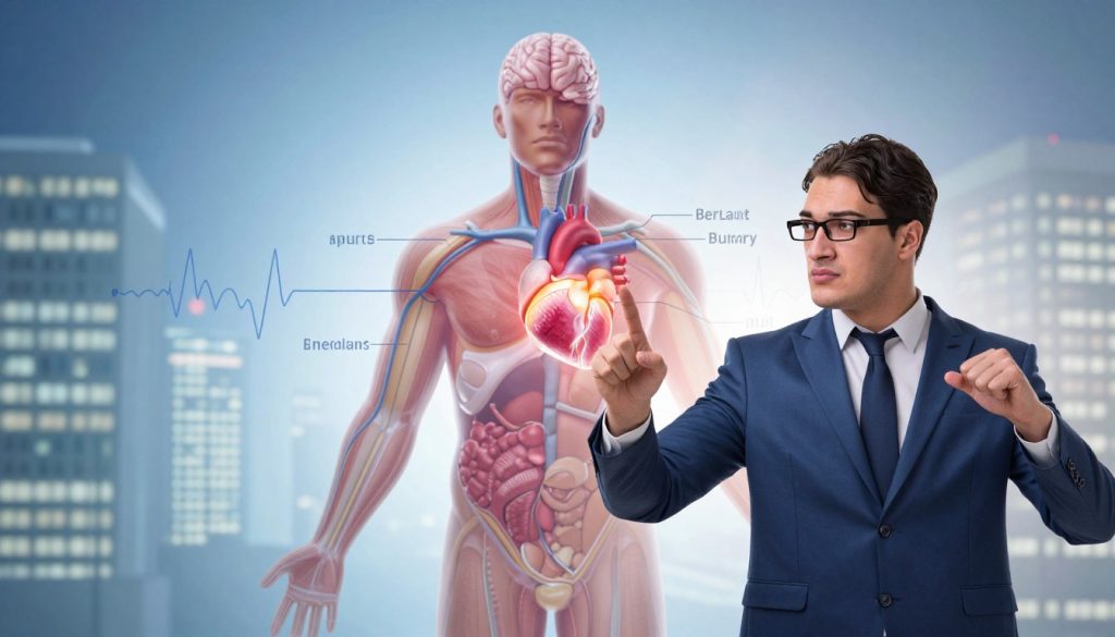 A dynamic and informative illustration depicting the effects of stimulants on the human body. In the foreground, a professional individual in business attire stands with an expression of heightened alertness and energy, showcasing increased heart rate and focus. The middle layer displays a stylized representation of the human body with clear visual overlays highlighting areas affected by stimulants, such as the brain and heart, with glowing effects signifying increased activity. In the background, a blurred cityscape suggests a fast-paced environment, enhancing the theme of stimulation. The lighting is bright and vibrant, creating a sense of energy and urgency. A slight angle elevates the perspective, inviting viewers to explore the transformative effects of stimulants on the mind and body in a clean, educational manner. A dynamic and informative illustration depicting the effects of stimulants on the human body. In the foreground, a professional individual in business attire stands with an expression of heightened alertness and energy, showcasing increased heart rate and focus. The middle layer displays a stylized representation of the human body with clear visual overlays highlighting areas affected by stimulants, such as the brain and heart, with glowing effects signifying increased activity. In the background, a blurred cityscape suggests a fast-paced environment, enhancing the theme of stimulation. The lighting is bright and vibrant, creating a sense of energy and urgency. A slight angle elevates the perspective, inviting viewers to explore the transformative effects of stimulants on the mind and body in a clean, educational manner.