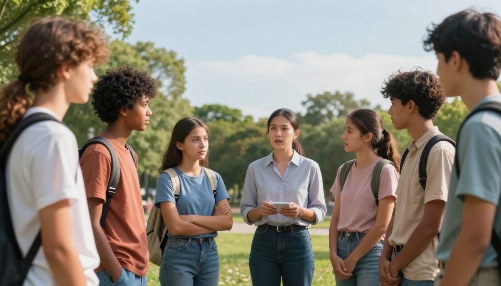 A dynamic and inspiring scene depicting teenage drug abuse prevention. In the foreground, a group of diverse teenagers (boys and girls) are engaged in a lively discussion, standing in a park with determined expressions, dressed in casual clothing. The middle ground features an engaging counselor, an adult in professional attire, actively listening and providing guidance. In the background, a clear blue sky is visible with lush greenery, symbolizing hope and growth. Soft, warm lighting enhances the positive atmosphere, while a shallow depth of field focuses on the teenagers, capturing their expressions and body language. The mood is serious yet optimistic, emphasizing the importance of awareness and communication between students and parents about drug prevention. A dynamic and inspiring scene depicting teenage drug abuse prevention. In the foreground, a group of diverse teenagers (boys and girls) are engaged in a lively discussion, standing in a park with determined expressions, dressed in casual clothing. The middle ground features an engaging counselor, an adult in professional attire, actively listening and providing guidance. In the background, a clear blue sky is visible with lush greenery, symbolizing hope and growth. Soft, warm lighting enhances the positive atmosphere, while a shallow depth of field focuses on the teenagers, capturing their expressions and body language. The mood is serious yet optimistic, emphasizing the importance of awareness and communication between students and parents about drug prevention.