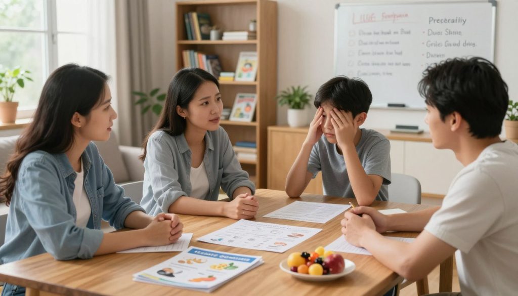 A family gathered around a dining table, engaged in a lively and supportive discussion about drug prevention strategies. In the foreground, a mother and father, dressed in modest casual clothing, are actively listening to their teenage child who is expressing concerns about peer pressure. On the table, there are visual aids like pamphlets about drug awareness, a whiteboard with bullet points on effective strategies, and fruit snacks to create a warm, inviting environment. The background features a cozy living room with bookshelves filled with educational resources, plants, and soft natural light streaming in through a window, enhancing a sense of openness and communication. The atmosphere is positive and empowering, emphasizing collaboration and understanding among family members. A family gathered around a dining table, engaged in a lively and supportive discussion about drug prevention strategies. In the foreground, a mother and father, dressed in modest casual clothing, are actively listening to their teenage child who is expressing concerns about peer pressure. On the table, there are visual aids like pamphlets about drug awareness, a whiteboard with bullet points on effective strategies, and fruit snacks to create a warm, inviting environment. The background features a cozy living room with bookshelves filled with educational resources, plants, and soft natural light streaming in through a window, enhancing a sense of openness and communication. The atmosphere is positive and empowering, emphasizing collaboration and understanding among family members.