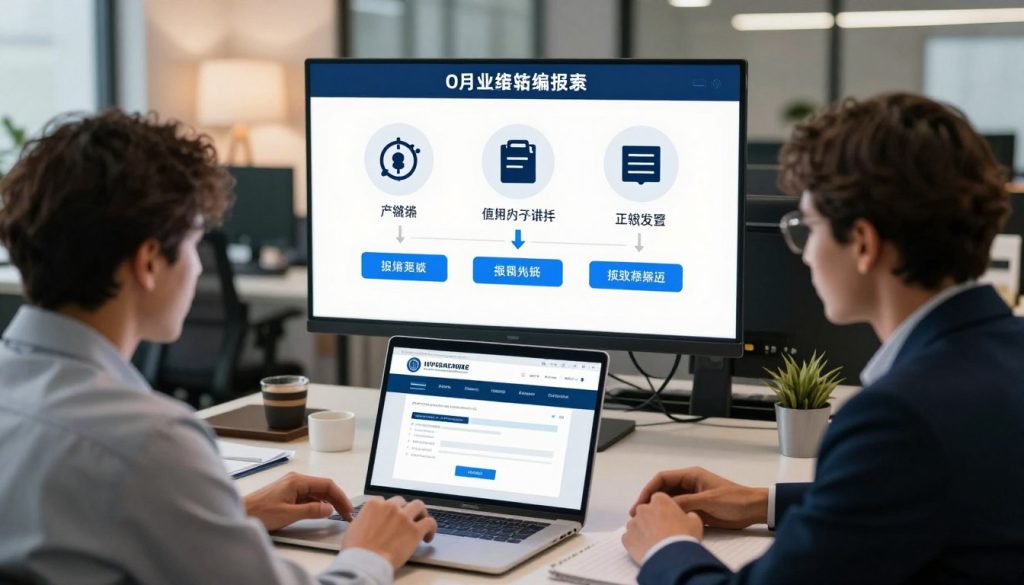 A modern, visually engaging digital workspace illustrating online fraud reporting channels. In the foreground, a diverse group of professionals—two men and one woman—dressed in smart business attire, are discussing a laptop displaying various official online reporting platforms. The middle ground features a large digital display with icons representing different types of online fraud (like phishing, identity theft, and online scams) and arrows guiding viewers to appropriate reporting channels. The background reveals an inviting office environment with soft lighting and contemporary furnishings, creating a focused atmosphere. A slight overhead angle emphasizes the teamwork and collaboration focused on solving online fraud issues. The scene conveys a sense of urgency, professionalism, and empowerment, encouraging viewers to take action in reporting online fraud.