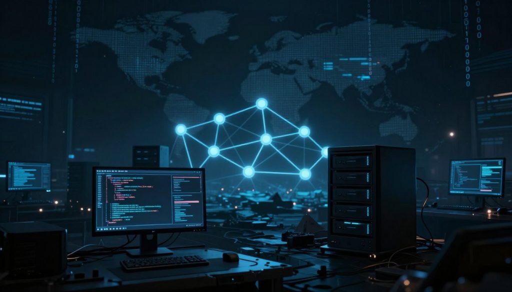 A mysterious, dark-themed digital landscape showcasing advanced dark web technology. In the foreground, a sleek, high-tech computer setup with glowing screens displays code and cryptographic patterns, set on a rugged desktop. The middle ground features a network of interconnected nodes and dark servers, symbolizing anonymity and encryption, surrounded by a faint blue glow, suggesting activity just beneath the surface. The background is shrouded in soft shadows, hinting at a vast expanse of hidden information and data traffic, with subtle hints of digital world maps and binary code cascading downwards. The lighting is moody and atmospheric, with a focus on the luminous screens and nodes, creating an air of intrigue and secrecy. Capture the essence of the dark web without any identifiable or suggestive elements. A mysterious, dark-themed digital landscape showcasing advanced dark web technology. In the foreground, a sleek, high-tech computer setup with glowing screens displays code and cryptographic patterns, set on a rugged desktop. The middle ground features a network of interconnected nodes and dark servers, symbolizing anonymity and encryption, surrounded by a faint blue glow, suggesting activity just beneath the surface. The background is shrouded in soft shadows, hinting at a vast expanse of hidden information and data traffic, with subtle hints of digital world maps and binary code cascading downwards. The lighting is moody and atmospheric, with a focus on the luminous screens and nodes, creating an air of intrigue and secrecy. Capture the essence of the dark web without any identifiable or suggestive elements.