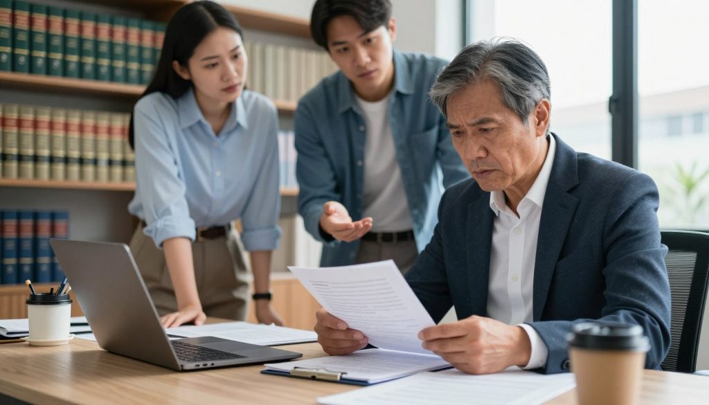 A professional office setting depicting the identity theft recovery process. In the foreground, a concerned middle-aged person in business attire is reviewing documents with a focused expression. Their desk is cluttered with papers, a laptop, and a coffee cup, symbolizing a busy recovery effort. In the middle background, two supportive individuals in modest business casual clothing are engaging in a discussion about security measures, showcasing teamwork and assistance. The backdrop features shelves filled with legal books and resources, creating an atmosphere of knowledge and support. Soft, natural lighting streams through a window, illuminating the scene and conveying a sense of hope and determination. The overall mood is serious yet empowering, emphasizing the steps taken to reclaim one’s identity.