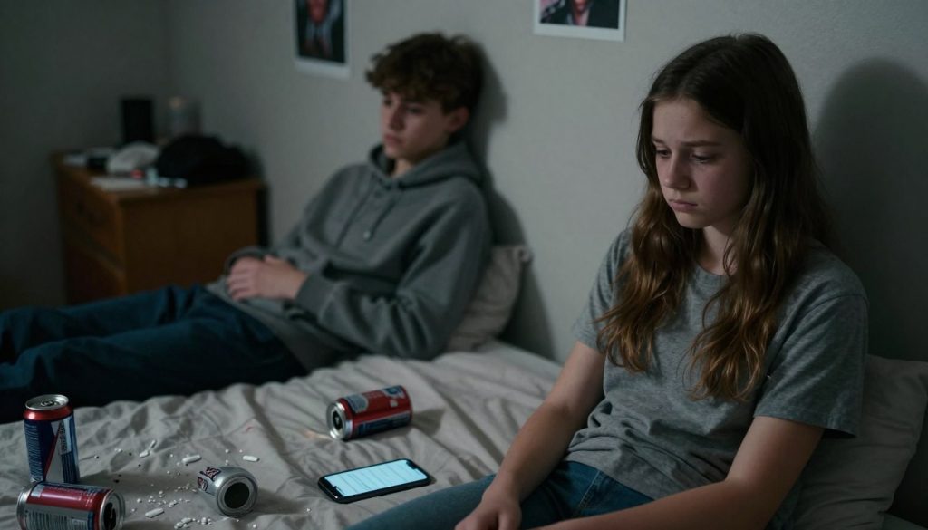 A somber and emotionally charged scene depicting signs of drug abuse in teenagers. In the foreground, a teenage girl with a concerned expression sits on a bed, surrounded by scattered objects like empty energy drink cans and an unattended cellphone displaying missed messages. In the middle ground, a teenage boy slumps against the wall with a hollow gaze, wearing a hoodie, suggesting withdrawal and isolation. The background reveals a dimly lit room, hinting at chaos with faint shadows of posters and cluttered furniture. Utilize soft, diffused lighting to create a melancholic atmosphere, focusing on the faces of the teenagers to highlight their emotional struggles. Captured from a slightly elevated angle to convey a sense of vulnerability, the image evokes feelings of concern and awareness about the psychological indicators of drug abuse. A somber and emotionally charged scene depicting signs of drug abuse in teenagers. In the foreground, a teenage girl with a concerned expression sits on a bed, surrounded by scattered objects like empty energy drink cans and an unattended cellphone displaying missed messages. In the middle ground, a teenage boy slumps against the wall with a hollow gaze, wearing a hoodie, suggesting withdrawal and isolation. The background reveals a dimly lit room, hinting at chaos with faint shadows of posters and cluttered furniture. Utilize soft, diffused lighting to create a melancholic atmosphere, focusing on the faces of the teenagers to highlight their emotional struggles. Captured from a slightly elevated angle to convey a sense of vulnerability, the image evokes feelings of concern and awareness about the psychological indicators of drug abuse.