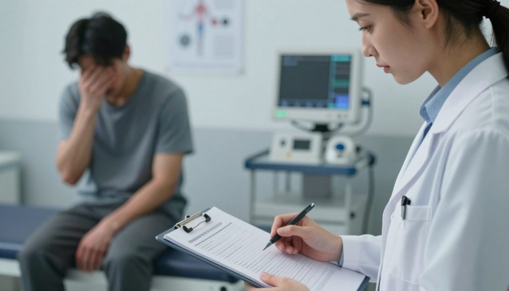 A somber healthcare environment showcasing drug-induced health problems. In the foreground, a concerned healthcare professional in a white lab coat examines a clipboard filled with charts and notes, symbolizing the evaluation process. In the middle, a blurred representation of a patient sitting on an examination table, looking fatigued and visibly distressed, with subtle hints of side effects like jittery hands and paleness. The background depicts medical equipment, such as monitors and charts, casting soft, clinical lighting that creates a serious yet informative atmosphere. The image captures an urgent yet empathetic tone, highlighting the consequences of drug use on physical and mental health, aiming to inform and raise awareness. A somber healthcare environment showcasing drug-induced health problems. In the foreground, a concerned healthcare professional in a white lab coat examines a clipboard filled with charts and notes, symbolizing the evaluation process. In the middle, a blurred representation of a patient sitting on an examination table, looking fatigued and visibly distressed, with subtle hints of side effects like jittery hands and paleness. The background depicts medical equipment, such as monitors and charts, casting soft, clinical lighting that creates a serious yet informative atmosphere. The image captures an urgent yet empathetic tone, highlighting the consequences of drug use on physical and mental health, aiming to inform and raise awareness.
