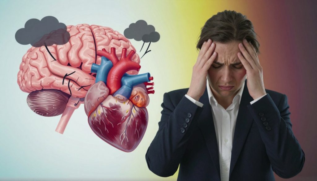 A split-image composition illustrating the effects of drug addiction on mental and physical health. In the foreground, a person in professional business attire stands with a troubled expression, showcasing their internal struggle. The middle ground features a depiction of the brain and heart, with visual metaphors representing stress and turmoil, such as dark clouds and jagged lines. In the background, a contrast of vibrant colors symbolizes the fleeting escape drugs offer, displaying both bright and dark elements to illustrate the duality of addiction. Use soft, diffused lighting to create an introspective atmosphere, capturing the gravity of the subject. Incorporate a slight blur to enhance emotional depth, and select an angle that evokes empathy and awareness. A split-image composition illustrating the effects of drug addiction on mental and physical health. In the foreground, a person in professional business attire stands with a troubled expression, showcasing their internal struggle. The middle ground features a depiction of the brain and heart, with visual metaphors representing stress and turmoil, such as dark clouds and jagged lines. In the background, a contrast of vibrant colors symbolizes the fleeting escape drugs offer, displaying both bright and dark elements to illustrate the duality of addiction. Use soft, diffused lighting to create an introspective atmosphere, capturing the gravity of the subject. Incorporate a slight blur to enhance emotional depth, and select an angle that evokes empathy and awareness.