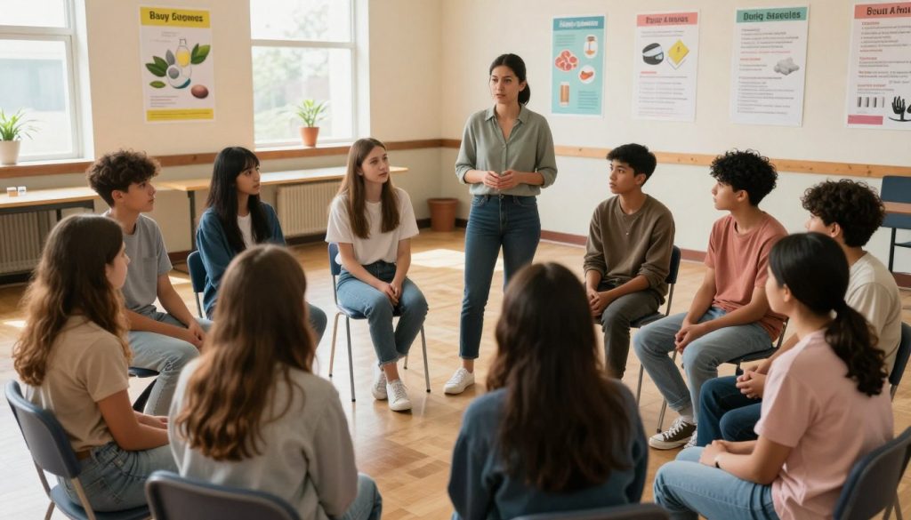 A teenage support group meeting focused on drug abuse prevention, set in a warm, inviting community center. In the foreground, a diverse group of teenagers, dressed in modest casual clothing, sits in a circle, engaged in a serious discussion, showcasing expressions of concern and determination. In the middle ground, a caring adult facilitator stands, guiding the conversation with supportive gestures. The background features motivational posters about drug awareness and prevention strategies on the walls. Soft, natural lighting filters through windows, creating a hopeful atmosphere. The angle is slightly from above, capturing the interaction and emphasizing the importance of the discussion. The mood conveys empowerment, community support, and proactive engagement in tackling drug use. A teenage support group meeting focused on drug abuse prevention, set in a warm, inviting community center. In the foreground, a diverse group of teenagers, dressed in modest casual clothing, sits in a circle, engaged in a serious discussion, showcasing expressions of concern and determination. In the middle ground, a caring adult facilitator stands, guiding the conversation with supportive gestures. The background features motivational posters about drug awareness and prevention strategies on the walls. Soft, natural lighting filters through windows, creating a hopeful atmosphere. The angle is slightly from above, capturing the interaction and emphasizing the importance of the discussion. The mood conveys empowerment, community support, and proactive engagement in tackling drug use.