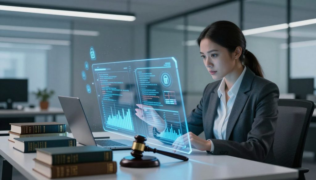 A visually striking representation of cybercrime laws and penalties in a modern office setting. In the foreground, a professional woman in business attire analyzes complex data on a transparent digital screen filled with graphs and charts symbolizing cyber laws. The middle ground features a large table scattered with legal books, a gavel, and a laptop with code and security icons surrounding it, conveying an atmosphere of vigilance and legal integrity. In the background, a sleek contemporary office environment illuminated by soft, cool lighting, with a sense of urgency portrayed through the use of dynamic angles and shadows. The overall mood is serious and focused, emphasizing the importance of understanding cybercrime laws and the consequences of violations.