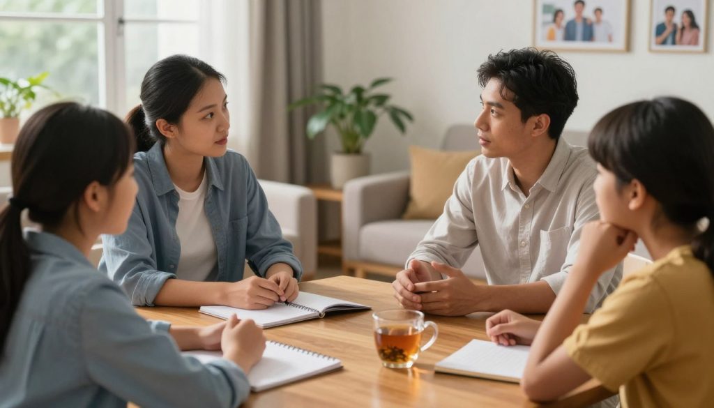 A warm and inviting family scene depicting effective communication strategies for drug prevention. In the foreground, a diverse family of four gathers around a cozy living room table, engaging in a heartfelt conversation. The parents, dressed in smart casual attire, attentively listen to their adolescent children, who are expressing their thoughts. In the middle, there are visual elements like a notepad and a cup of herbal tea, symbolizing open dialogue and support. The background features soft lighting from a nearby window, with family photos and plants, creating a safe and nurturing atmosphere. The overall mood is one of trust and connection, encouraging open communication about sensitive topics. The composition should be captured with a warm lens, enhancing the intimate feel of the scene. A warm and inviting family scene depicting effective communication strategies for drug prevention. In the foreground, a diverse family of four gathers around a cozy living room table, engaging in a heartfelt conversation. The parents, dressed in smart casual attire, attentively listen to their adolescent children, who are expressing their thoughts. In the middle, there are visual elements like a notepad and a cup of herbal tea, symbolizing open dialogue and support. The background features soft lighting from a nearby window, with family photos and plants, creating a safe and nurturing atmosphere. The overall mood is one of trust and connection, encouraging open communication about sensitive topics. The composition should be captured with a warm lens, enhancing the intimate feel of the scene.