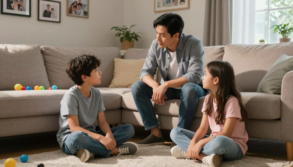 A warm and inviting scene depicting a thoughtful conversation between a parent and two children in a cozy living room setting. The parent, dressed in casual yet professional attire, sits on a comfortable sofa, leaning slightly forward with an attentive expression. The children, a boy and a girl aged around 10, sit cross-legged on the floor, their faces illustrating curiosity and engagement. The background features a softly lit room with family photos on the walls and toys scattered, creating a homely atmosphere. Natural light filters in through a window, casting gentle shadows that add depth. The overall mood is open and supportive, emphasizing trust and understanding in discussing important topics. A warm and inviting scene depicting a thoughtful conversation between a parent and two children in a cozy living room setting. The parent, dressed in casual yet professional attire, sits on a comfortable sofa, leaning slightly forward with an attentive expression. The children, a boy and a girl aged around 10, sit cross-legged on the floor, their faces illustrating curiosity and engagement. The background features a softly lit room with family photos on the walls and toys scattered, creating a homely atmosphere. Natural light filters in through a window, casting gentle shadows that add depth. The overall mood is open and supportive, emphasizing trust and understanding in discussing important topics.