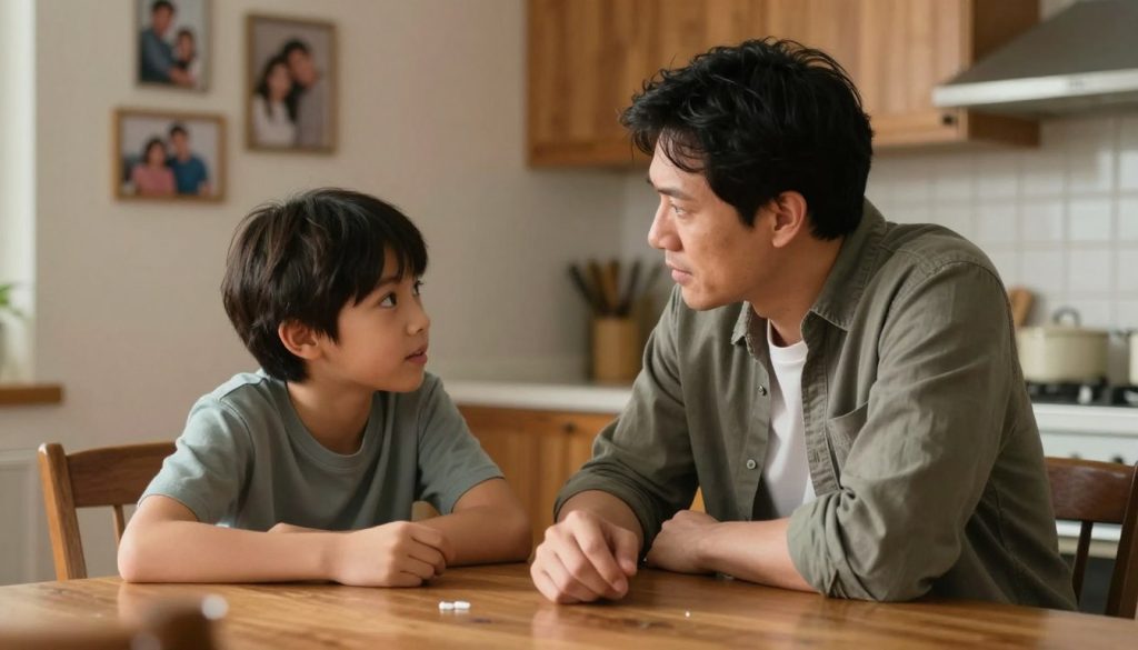 A warm and inviting scene of a parent sitting at a cozy kitchen table, engaging in a heartfelt conversation with their child about the subject of drugs. The parent, dressed in modest casual clothing, leans slightly forward with a concerned yet approachable expression, while the child, around 10 years old, listens attentively, their face reflecting curiosity and openness. The background shows a softly lit kitchen with a few family photos on the wall and warm wood accents, adding to the intimate atmosphere. The angle captures the connection between them, emphasizing the importance of trust and communication. The overall mood is supportive and caring, with gentle, natural lighting filling the space to create a nurturing environment for difficult questions. A warm and inviting scene of a parent sitting at a cozy kitchen table, engaging in a heartfelt conversation with their child about the subject of drugs. The parent, dressed in modest casual clothing, leans slightly forward with a concerned yet approachable expression, while the child, around 10 years old, listens attentively, their face reflecting curiosity and openness. The background shows a softly lit kitchen with a few family photos on the wall and warm wood accents, adding to the intimate atmosphere. The angle captures the connection between them, emphasizing the importance of trust and communication. The overall mood is supportive and caring, with gentle, natural lighting filling the space to create a nurturing environment for difficult questions.