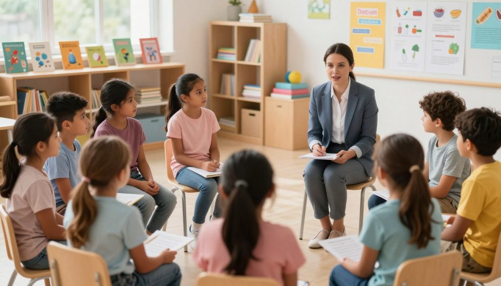 A warm, engaging classroom scene featuring a diverse group of children aged 8-12 seated in a semi-circle, attentively listening to a caring adult. The adult, dressed in smart casual attire, is using visual aids, such as colorful posters and interactive materials, to facilitate a discussion on drug prevention. The foreground focuses on the children's faces, showcasing their curiosity and eagerness to learn. In the background, shelves filled with educational books and resources create a supportive environment. Soft, natural lighting filters through large windows, creating a bright and inviting atmosphere. The mood is positive and encouraging, emphasizing open communication and trust as the adult guides the conversation. A warm, engaging classroom scene featuring a diverse group of children aged 8-12 seated in a semi-circle, attentively listening to a caring adult. The adult, dressed in smart casual attire, is using visual aids, such as colorful posters and interactive materials, to facilitate a discussion on drug prevention. The foreground focuses on the children's faces, showcasing their curiosity and eagerness to learn. In the background, shelves filled with educational books and resources create a supportive environment. Soft, natural lighting filters through large windows, creating a bright and inviting atmosphere. The mood is positive and encouraging, emphasizing open communication and trust as the adult guides the conversation.